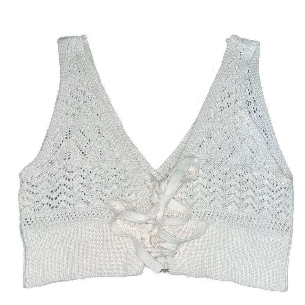 White Crochet Knit Lace-Up Crop Top, V-Neck - Picture 1 of 6